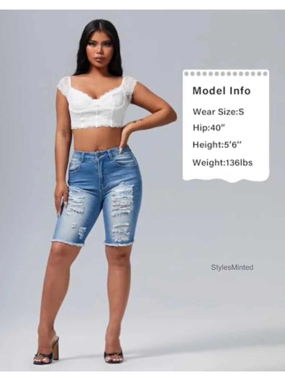 Ripped Stretchy Long Jean Shorts Mid Rise Frayed Cut Off Bermuda Shorts